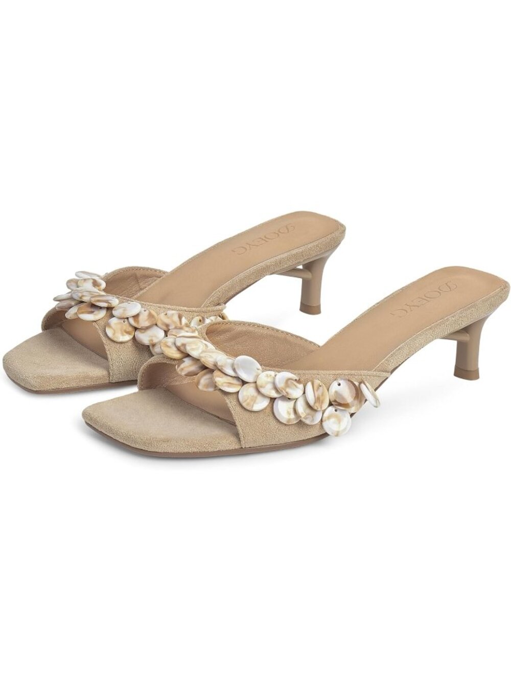 Women's Beige Suede Kitten Heels Sandals Square Open Toe Slip on Mule Heels